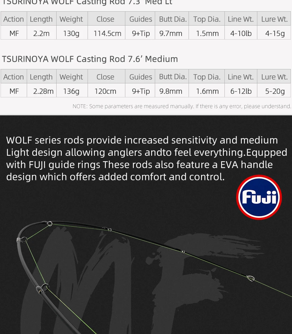 TSURINOYA BaitCasting Spinning Fishing Rod WOLF 1.98m 2.09m 2.2m 2.28m Medium Light FUJI Guide Long Casting Bass Carbon Lure Rod
