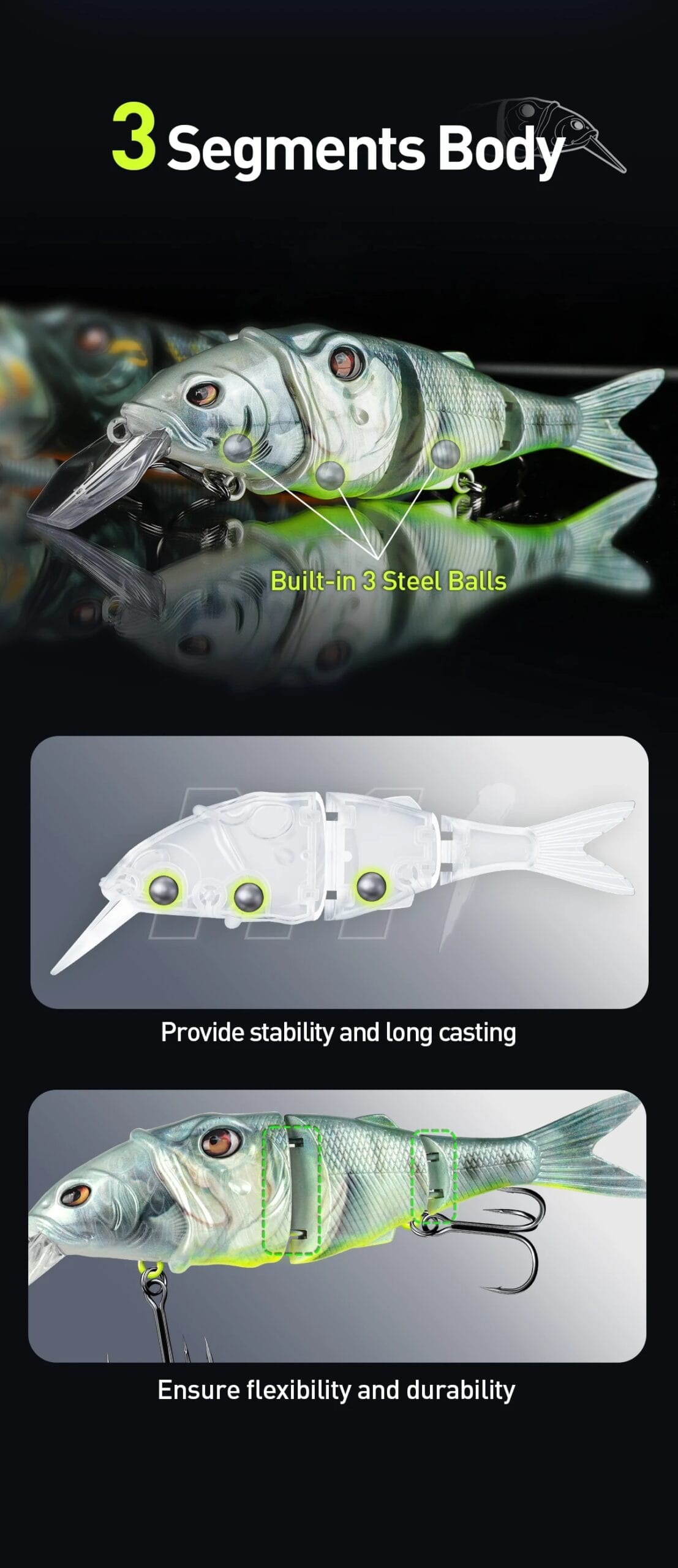HANDING 3pcs/pack 15g/24g/37g M1 Lip Jointed Swimbait Lure Fishing Lure Tackle for Bass and Pike Wide Lip Fishing Lures Bait Kit