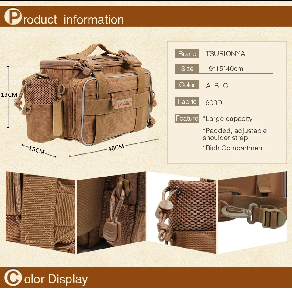 TSURINOYA Multifunction Fishing Bag Y7 19*15*40cm High Capacity  Fishing Tackle Lure Bag Shoulder Bag Canvas Waist Bag
