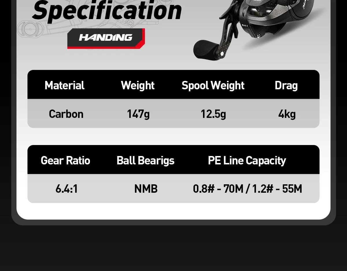 HANDING BFS Baitcasting Reel Lightweight 147g Carbon Reel Fishing Reel, 9+1 NMB Bearing, 6.4:1 Gear Ratio 4KG Max Drag for Trout