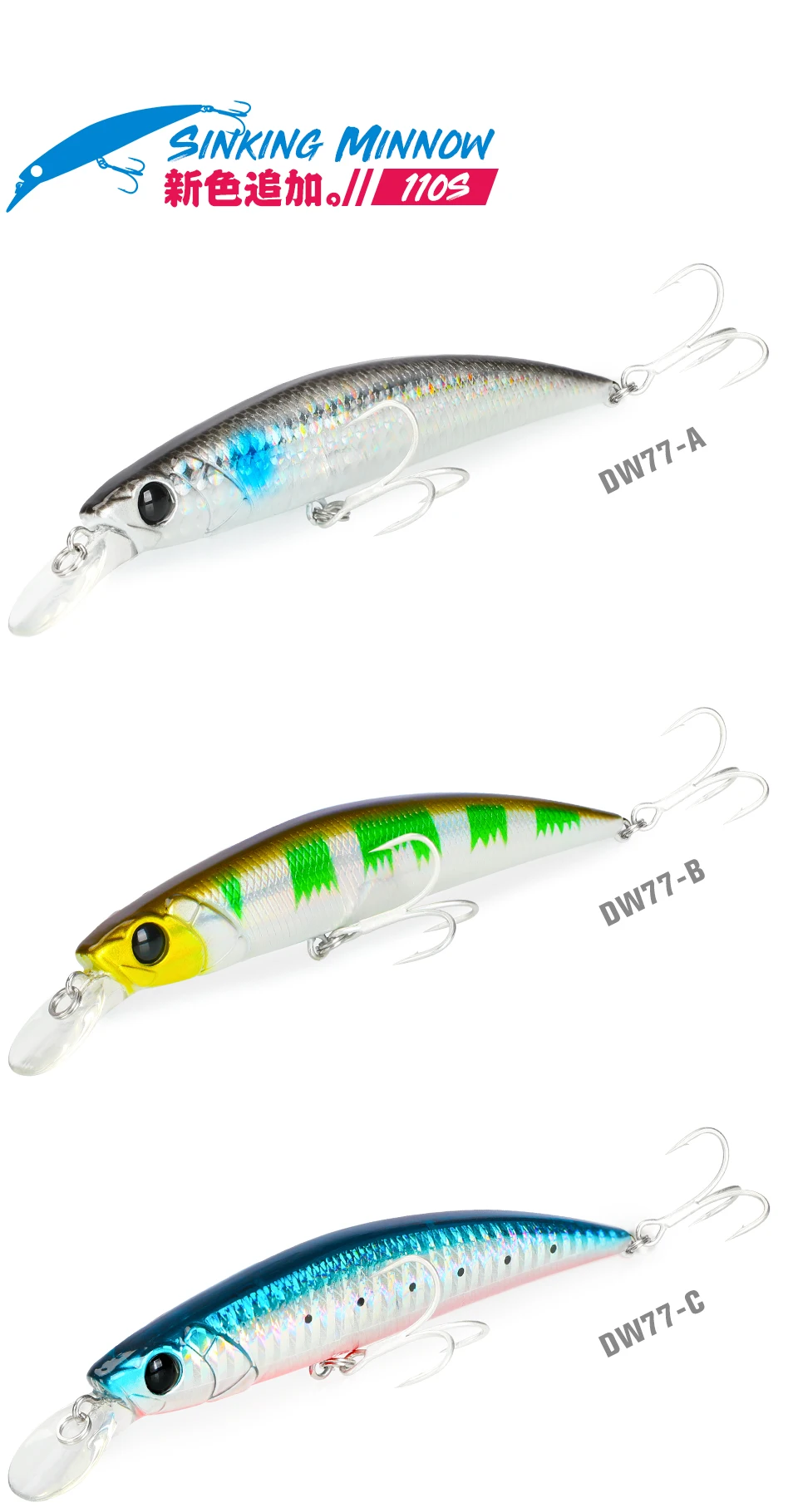 TSURINOYA 110S Long Casting Sinking Minnow Saltwater Fishing Lure DW77 110mm 22g Large Trout Pike River Lake Hard Baits Jerkbait