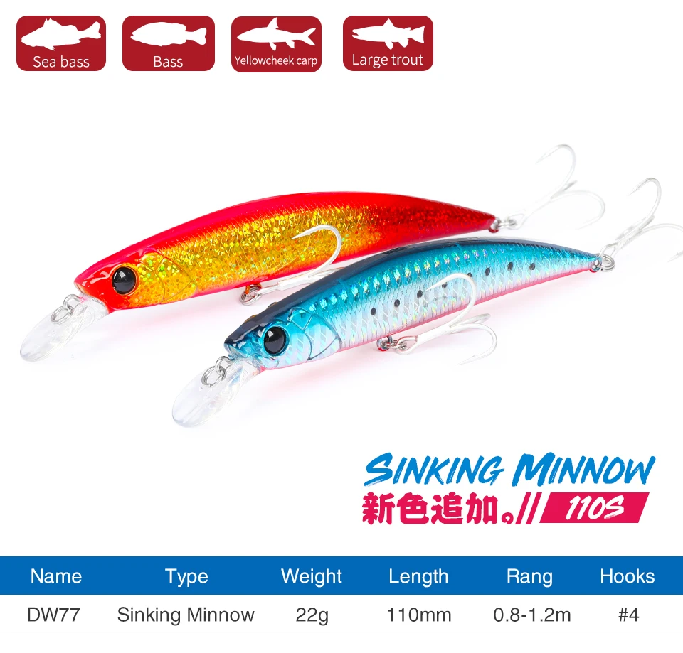 TSURINOYA 110S Long Casting Sinking Minnow Saltwater Fishing Lure DW77 110mm 22g Large Trout Pike River Lake Hard Baits Jerkbait