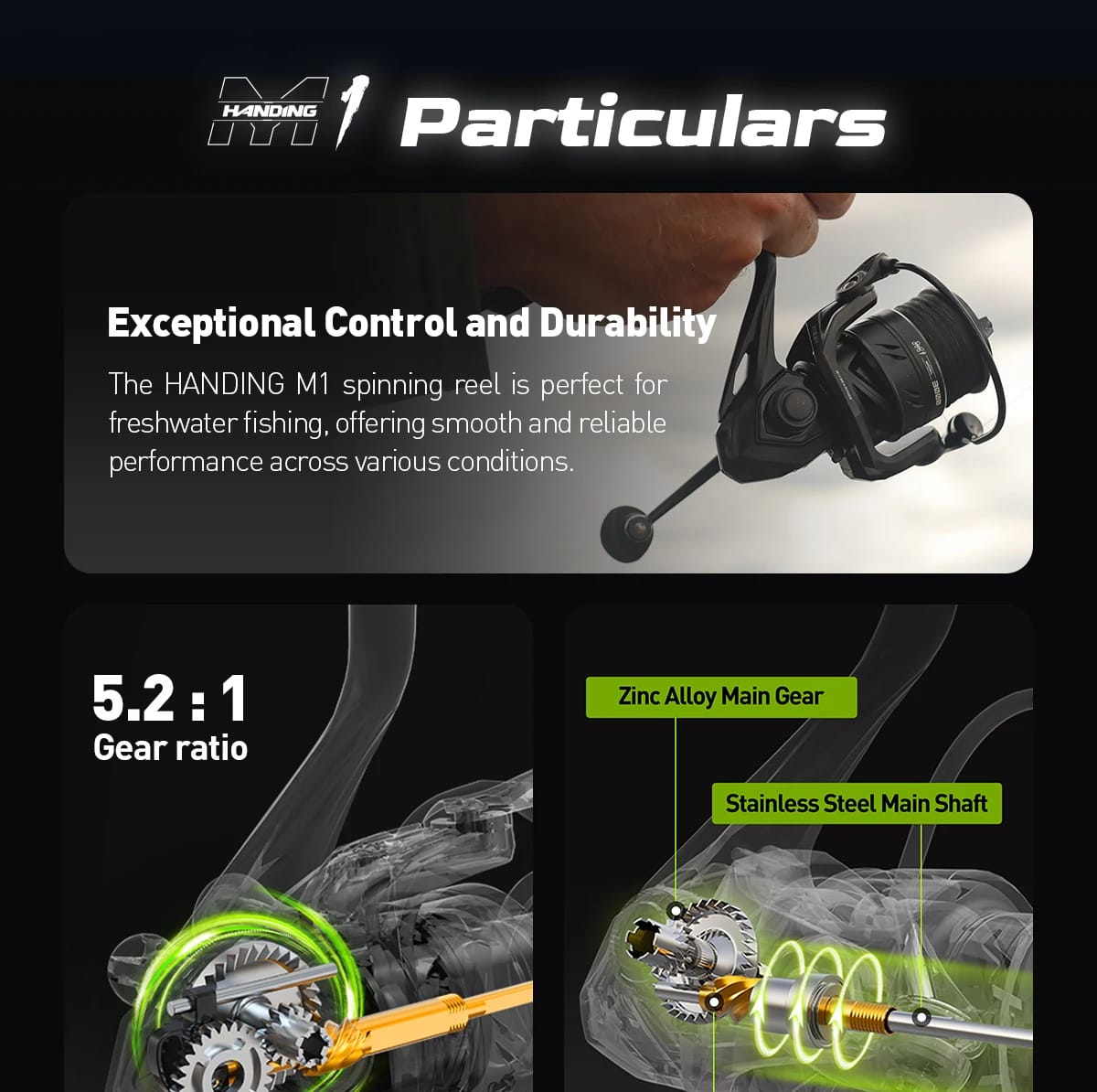 HANDING M1 Spinning Reel 12kg Max Drag Graphite Reel, 9 + 1 Ball Bearings, 5.2:1 Gear Ratio Fishing Reel for Perch Bass and Pike HANDING M1 Spinning Reel 12kg Max Drag Graphite Reel, 9 + 1 Ball Bearings, 5.2:1 Gear Ratio Fishing Reel for Perch Bass and Pike
