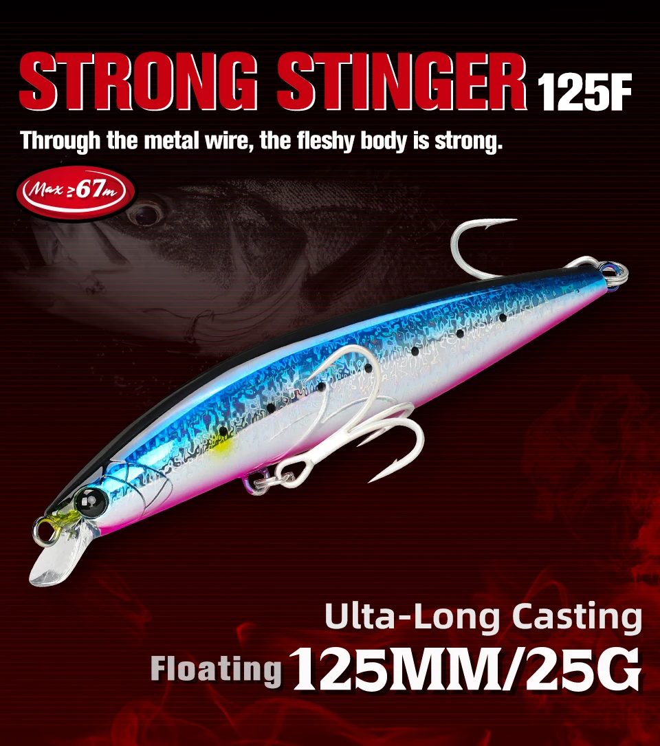 TSURINOYA 125mm 25g Floating Minnow Fishing Lure STINGER 125F Kit 6pcs 67m Long Casting Shore Fishing Large Seabass Blue Fish Lu