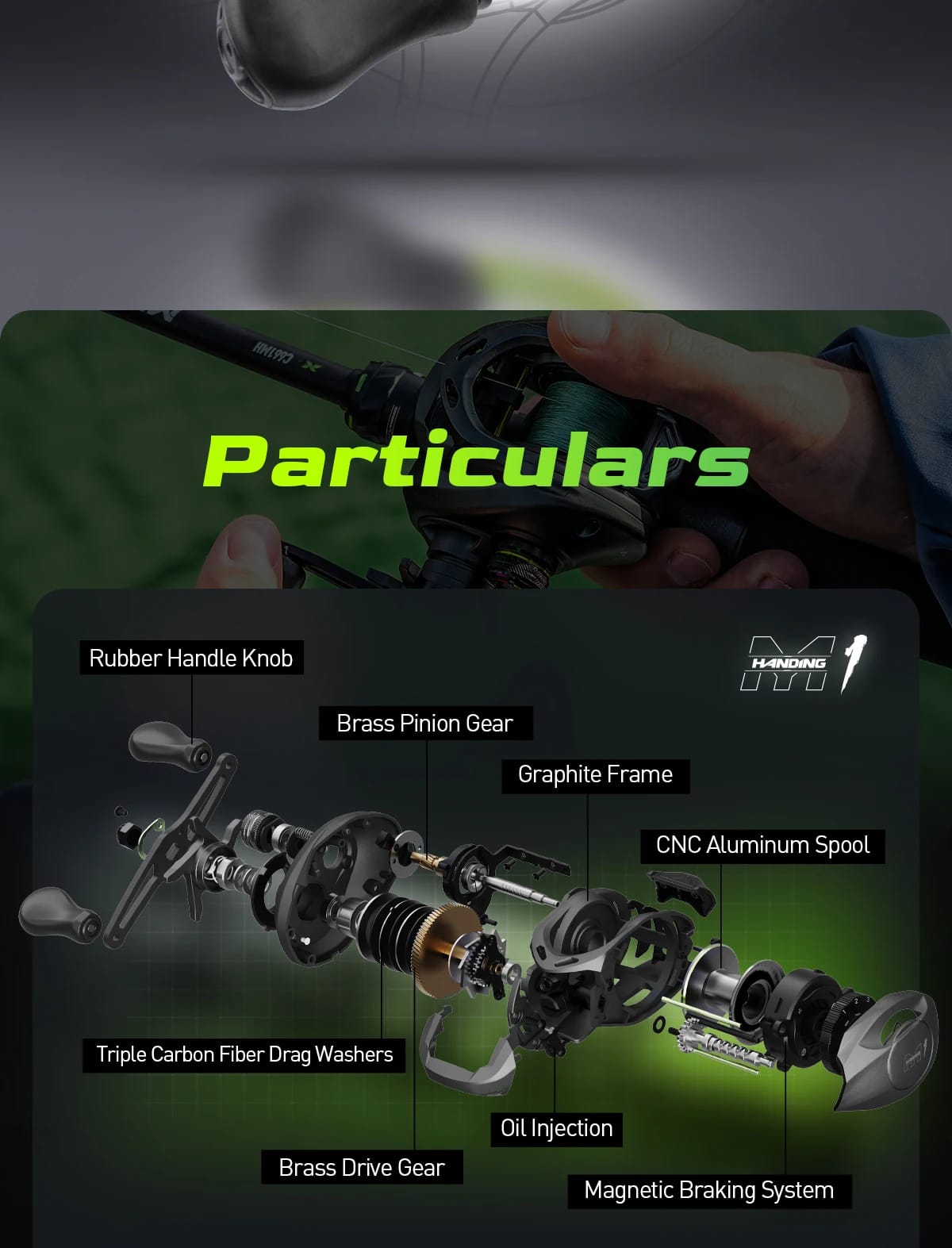 HANDING M1 Baitcast Fishing Reel 8KG Max Drag Low Profile 6+1 Ball Bearing 7.2:1 Gear Ratio 207G Durable Baitcaster Fishing Reel