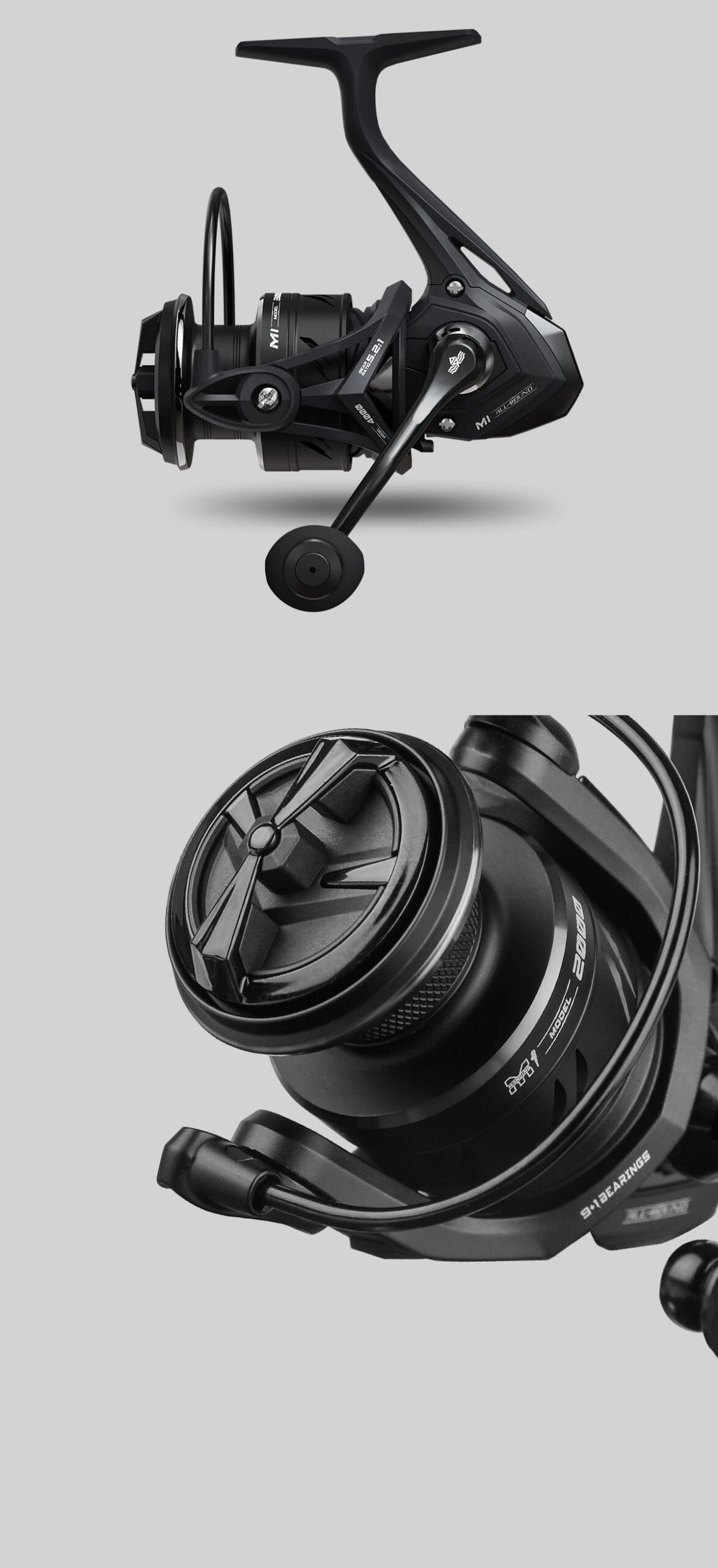 HANDING 500-5000 Black M1 Spinning Reel 12kg Max Drag, 5.2:1 Gear Ratio, 9+1 Ball Bearings Fishing Reel for Perch Bass and Pike