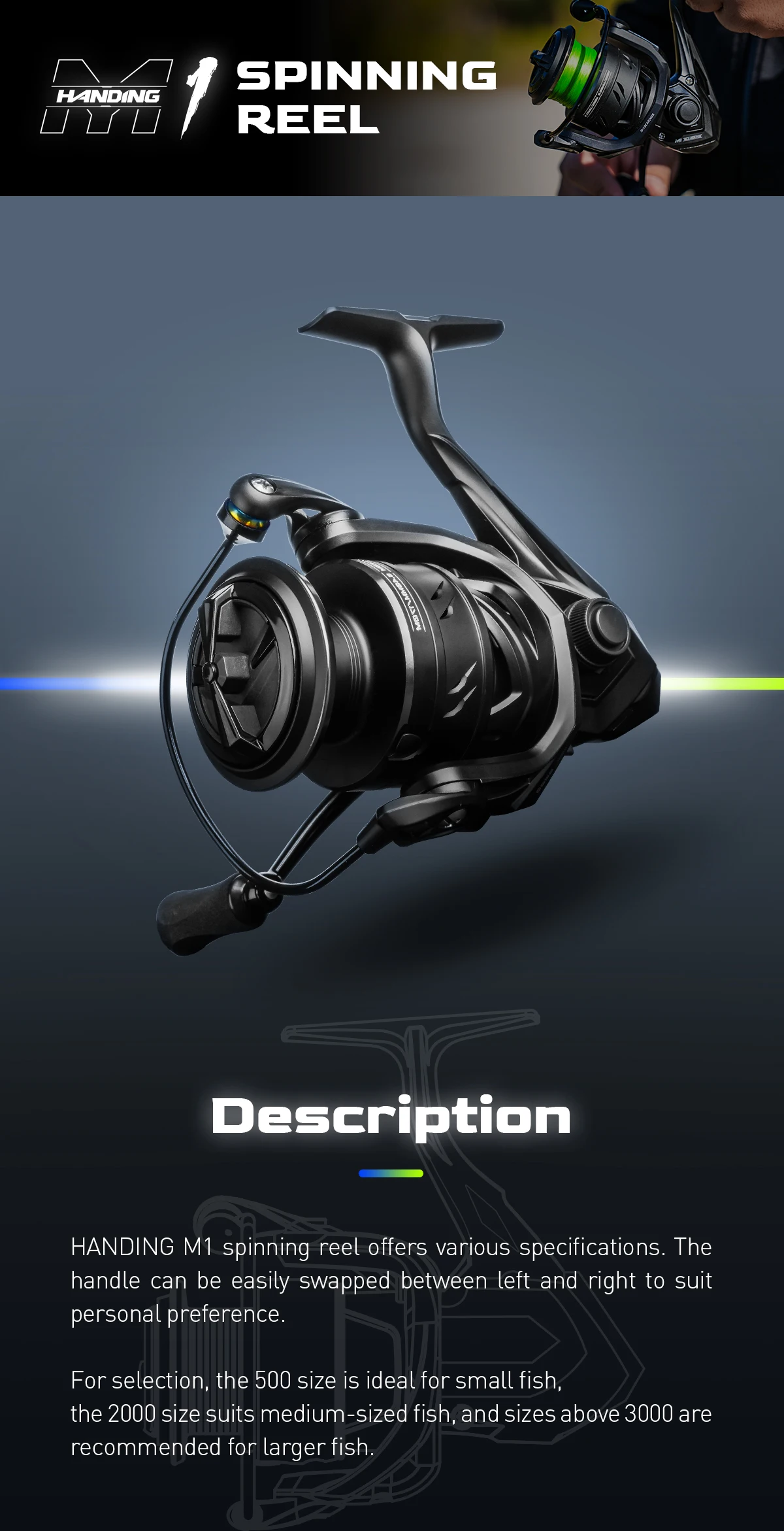 HANDING 500-5000 Black M1 Spinning Reel 12kg Max Drag, 5.2:1 Gear Ratio, 9+1 Ball Bearings Fishing Reel for Perch Bass and Pike