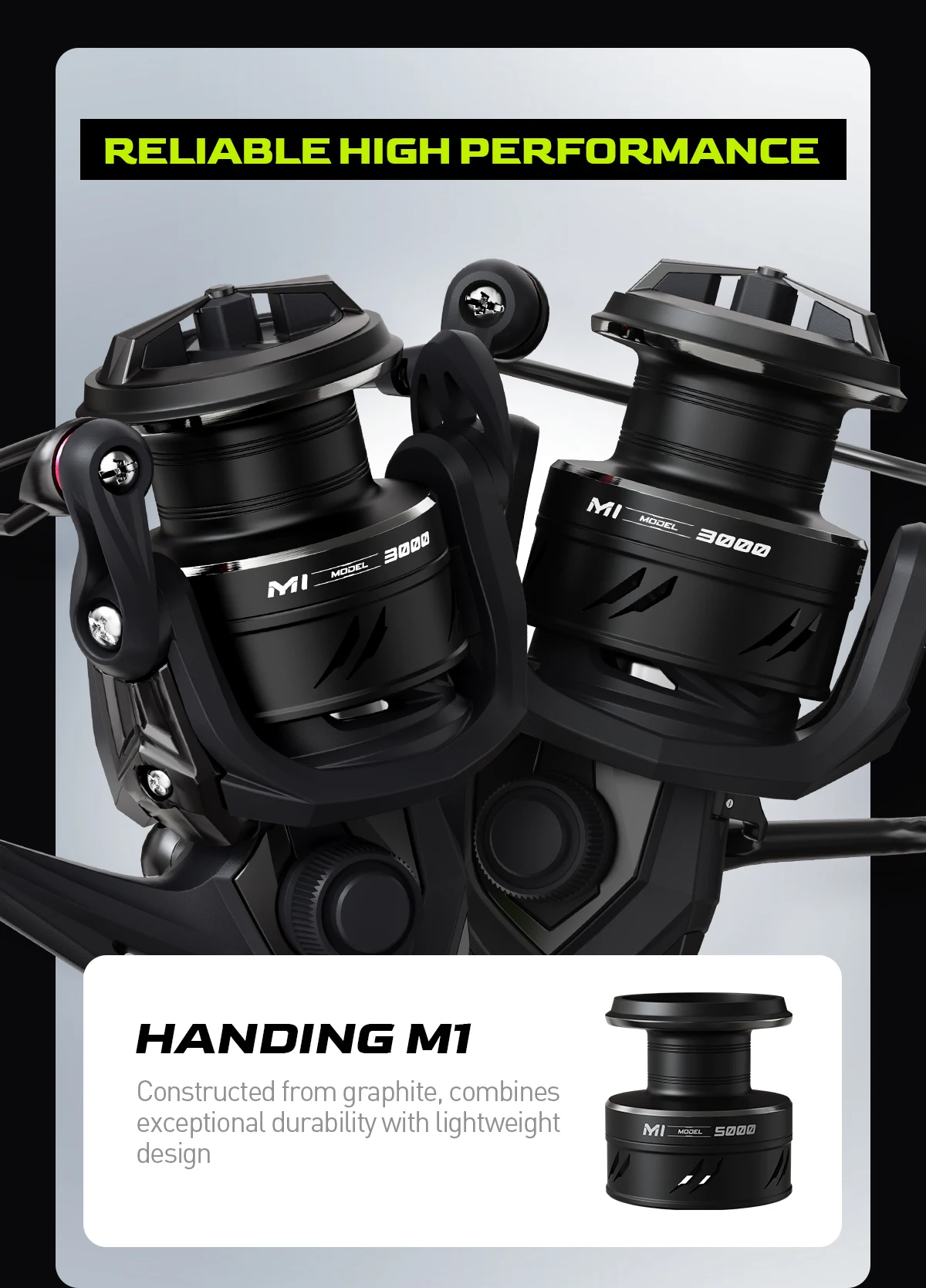 HANDING 500-5000 Black M1 Spinning Reel 12kg Max Drag, 5.2:1 Gear Ratio, 9+1 Ball Bearings Fishing Reel for Perch Bass and Pike