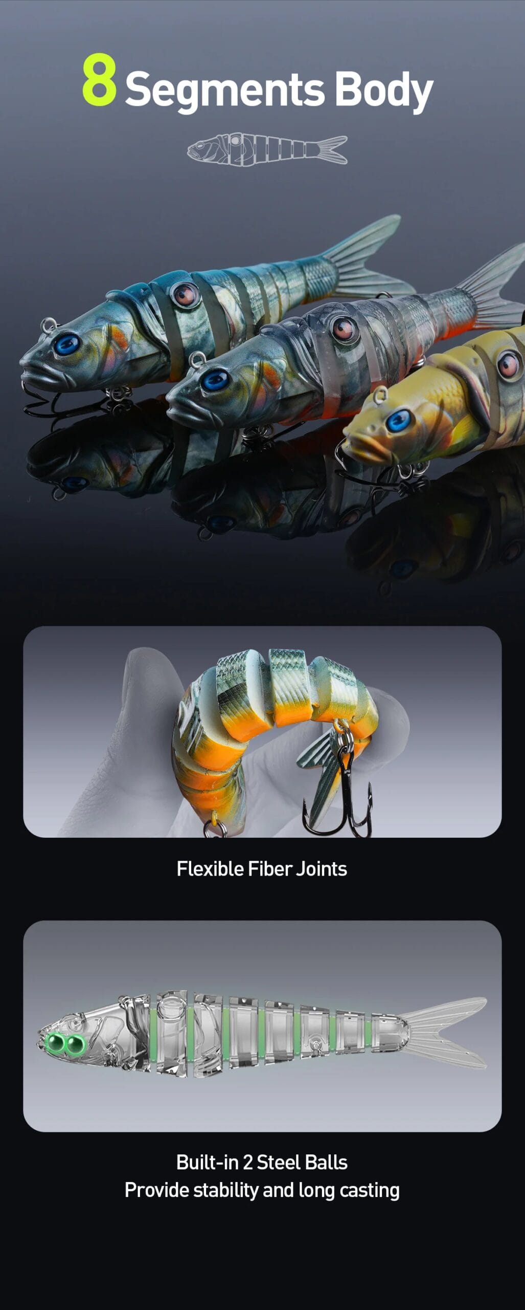 HANDING 3pcs/pack 8 Segments Multi-Jointed Swimbait Fishing Lure 0.98m/s Sinking Speed Spinning Casting Pike and Bass Fishing