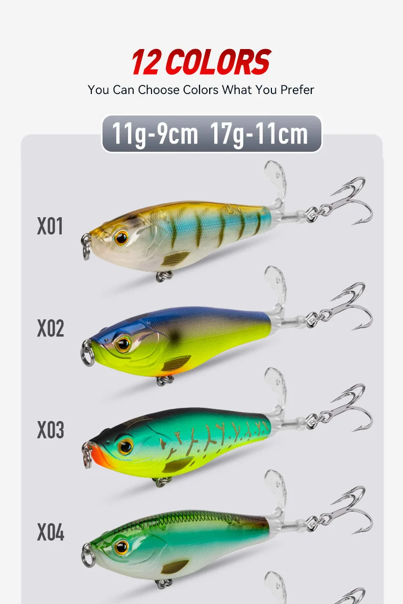 KINGDOM Propeller Floating Fishing Lures 9cm 11g 11cm 17g Topwater Artificial Swimbaits Plopper Seabass Soft Rotating Tail Lure