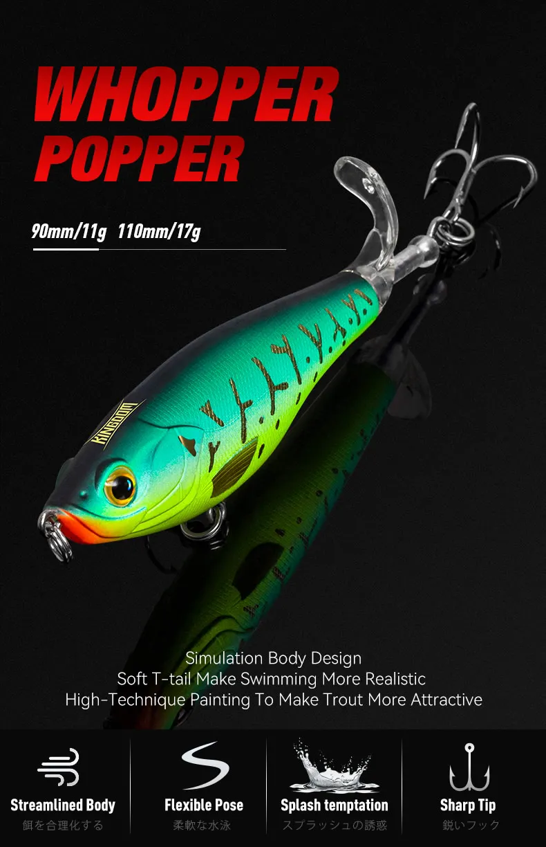 KINGDOM Propeller Floating Fishing Lures 9cm 11g 11cm 17g Topwater Artificial Swimbaits Plopper Seabass Soft Rotating Tail Lure