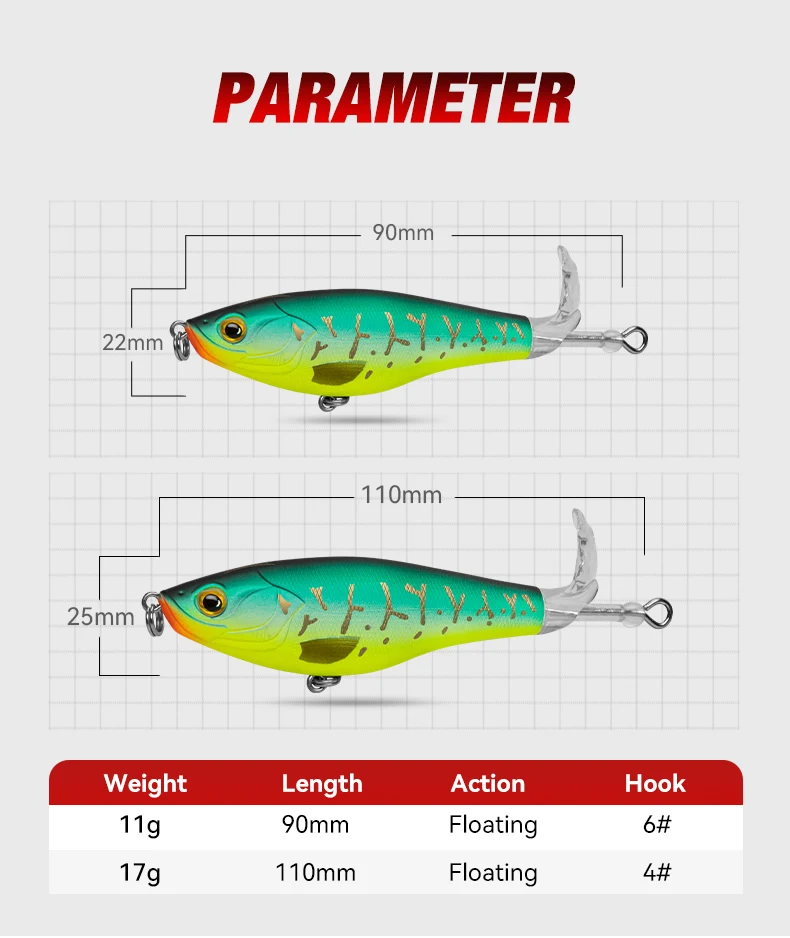 KINGDOM Propeller Floating Fishing Lures 9cm 11g 11cm 17g Topwater Artificial Swimbaits Plopper Seabass Soft Rotating Tail Lure