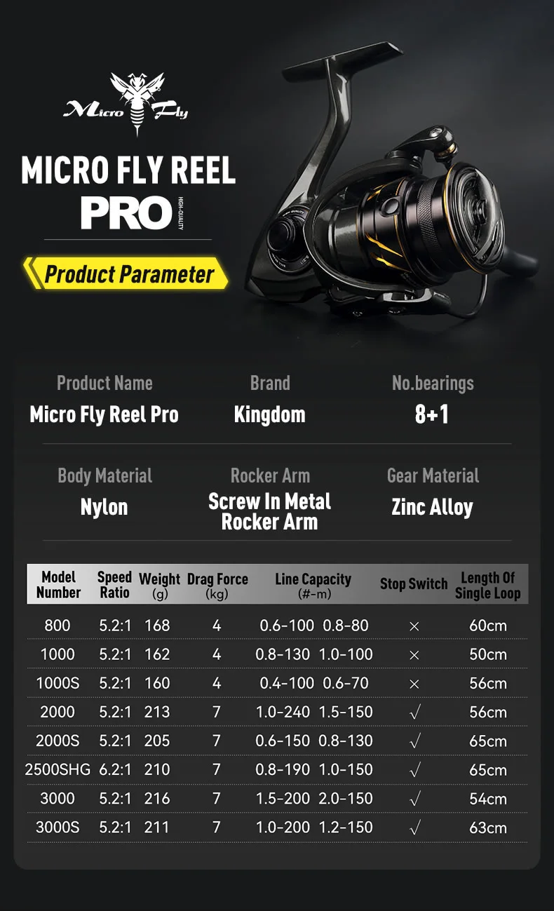 Kingdom Micro Fly Pro Fishing Spinning Reel 160g Utra light 8+1 Sealed Bearings 8KG Max Drag 5.2:1 Gear Ratio Fishing Reel