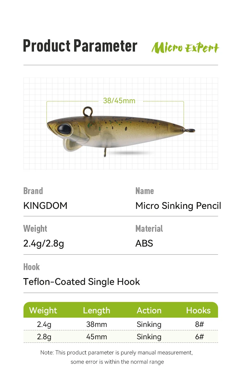 Kingdom Micro Pencil Fishing Lure 2.4g 38mm 2.8g 45mm Artificial Sinking Pencil Bait Single Hook Wobbers For Bass Trout Fishing