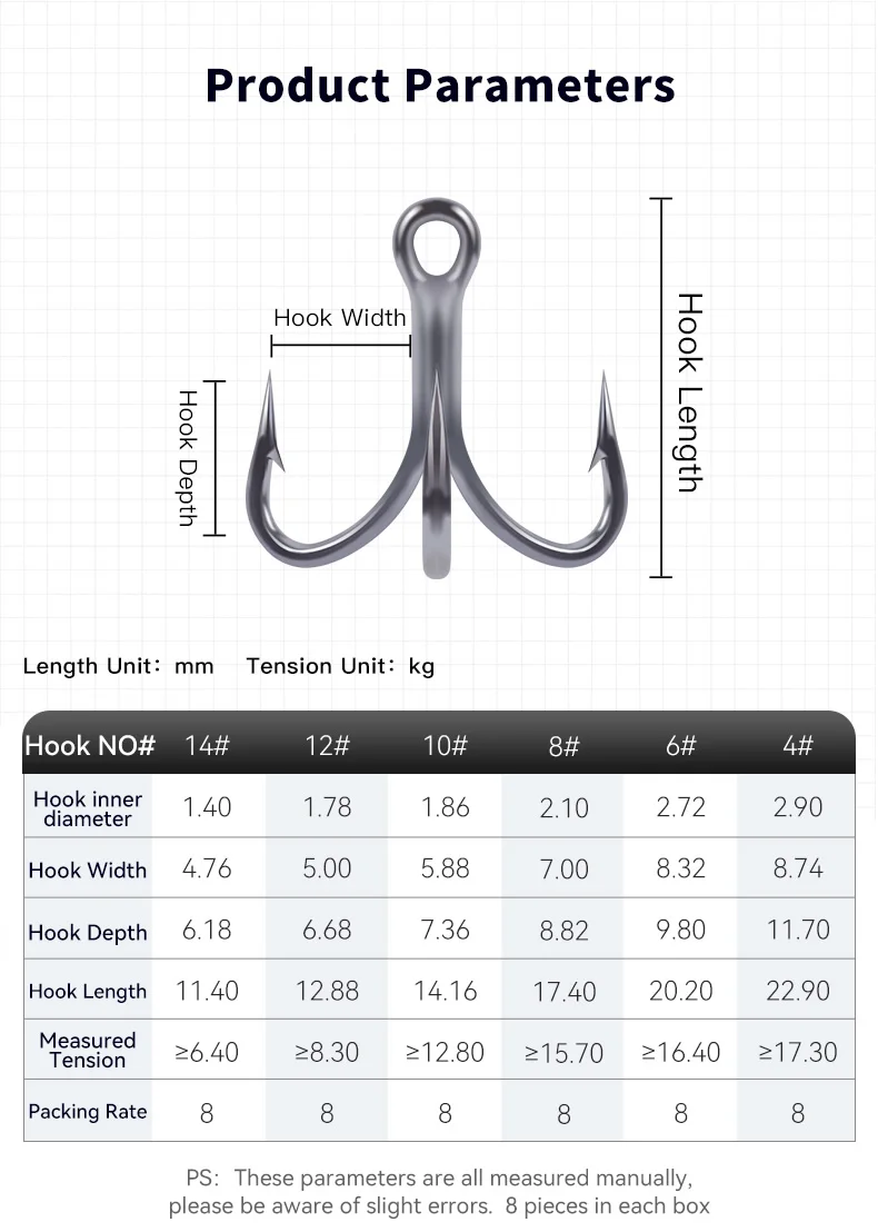 KINGDOM 8pcs 3X Carbon Steel Fishing Treble Hooks Saltwater Brabed Sharp Anticorrision Hook High Strength Fishing Accessories