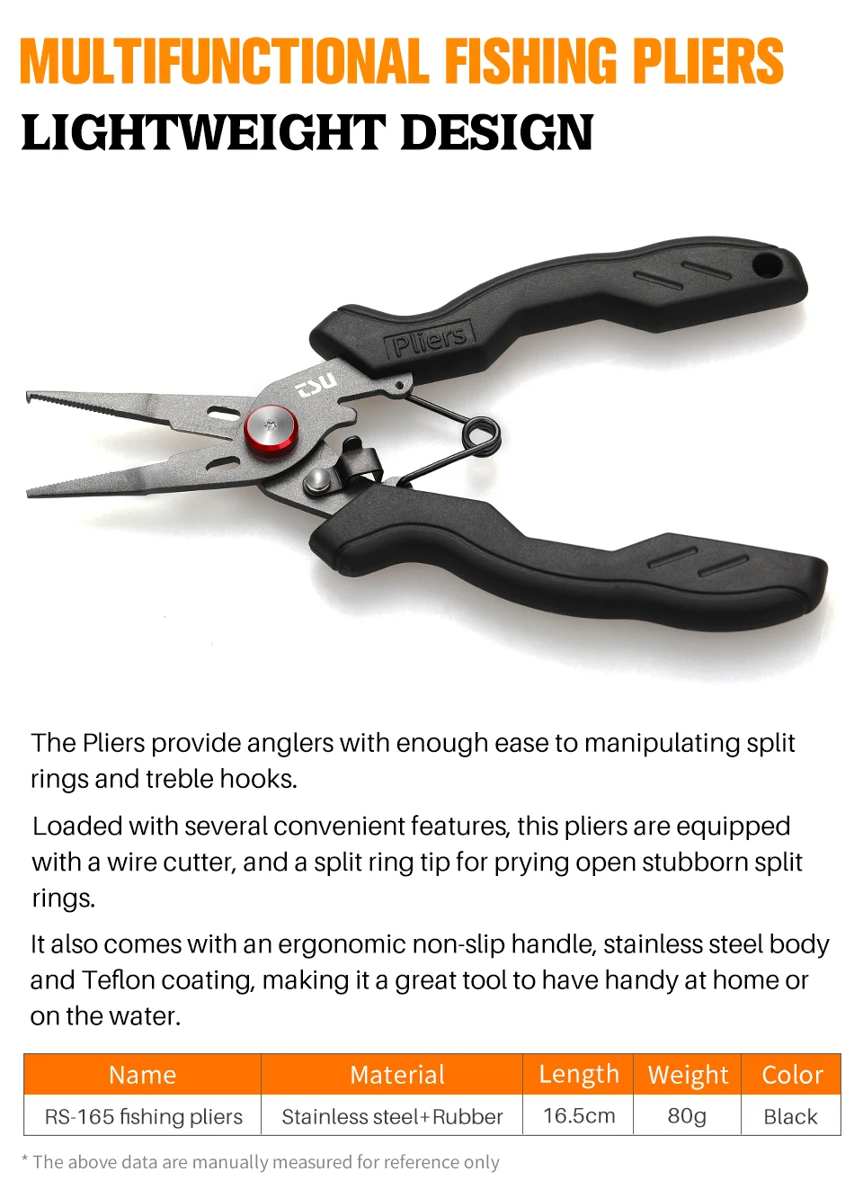 TSURINOYA Split Ring Fishing Pliers Braid Cutters Fishing Line Scissors 80g RS-165 Stainless Steel Rubber Handle Fishing Tackle