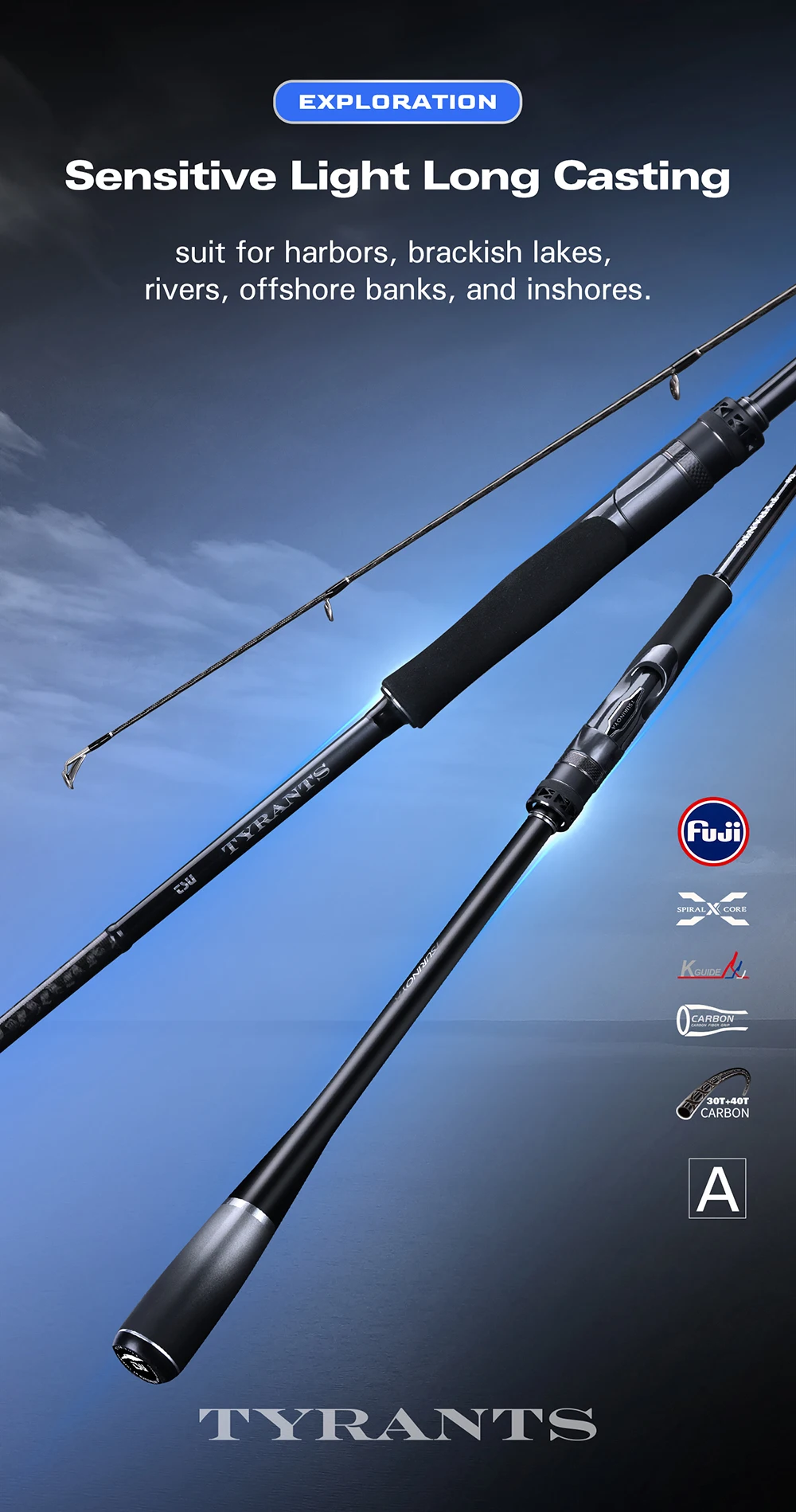 TSURINOYA Inshore Spinning Rod TYRANTS S802M S902M S962M S962MH 2 Section Carbon Fishing Rod High Strength Seabass Barracuda