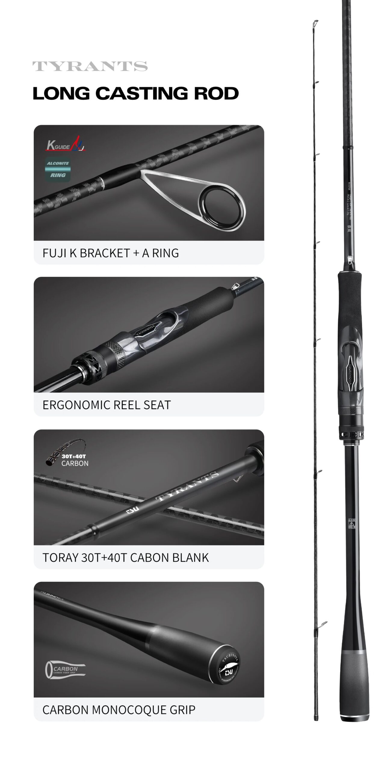 TSURINOYA Inshore Spinning Rod TYRANTS S802M S902M S962M S962MH 2 Section Carbon Fishing Rod High Strength Seabass Barracuda